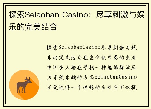 探索Selaoban Casino：尽享刺激与娱乐的完美结合